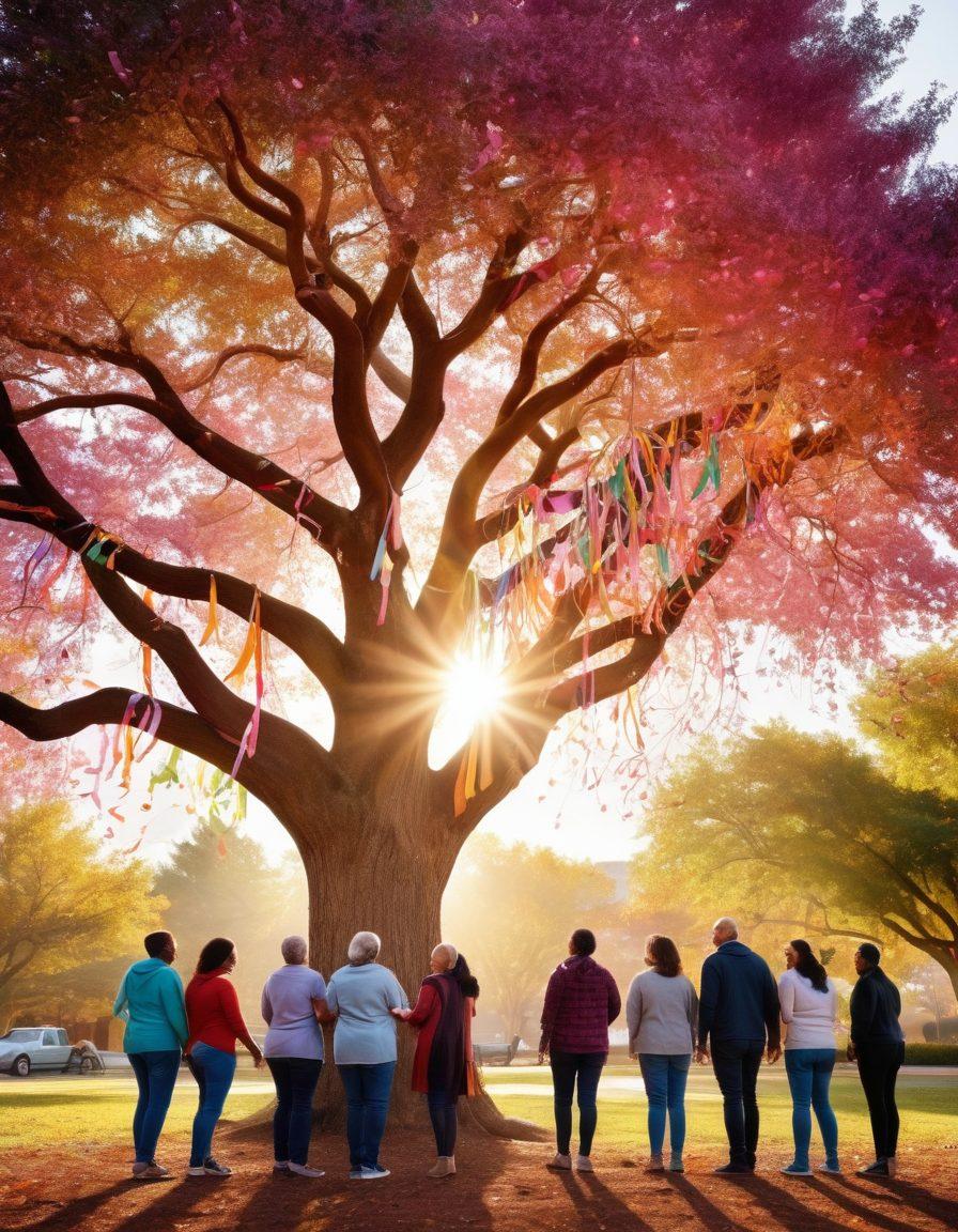 A diverse group of cancer survivors gathered in a supportive community setting, sharing stories and laughter under a vibrant tree symbolizing growth and hope. Colorful ribbons representing different cancers flutter in the background, while a banner of advocacy and empowerment hangs above. Sunlight filters through, casting a warm and inviting glow. super-realistic. vibrant colors. uplifting atmosphere.