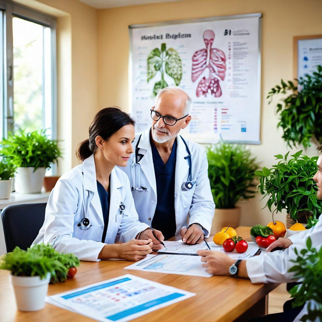 A serene scene depicting a doctor discussing nutrition with a cancer patient in a bright, inviting office, with plants and healthy food options present. In the background, a chart represents mental well-being strategies, blending visuals of nutrition and oncology. Warm, soft lighting enhances the comforting atmosphere, signifying the intersection of health, nutrition, and care. super-realistic. vibrant colors. soft focus.