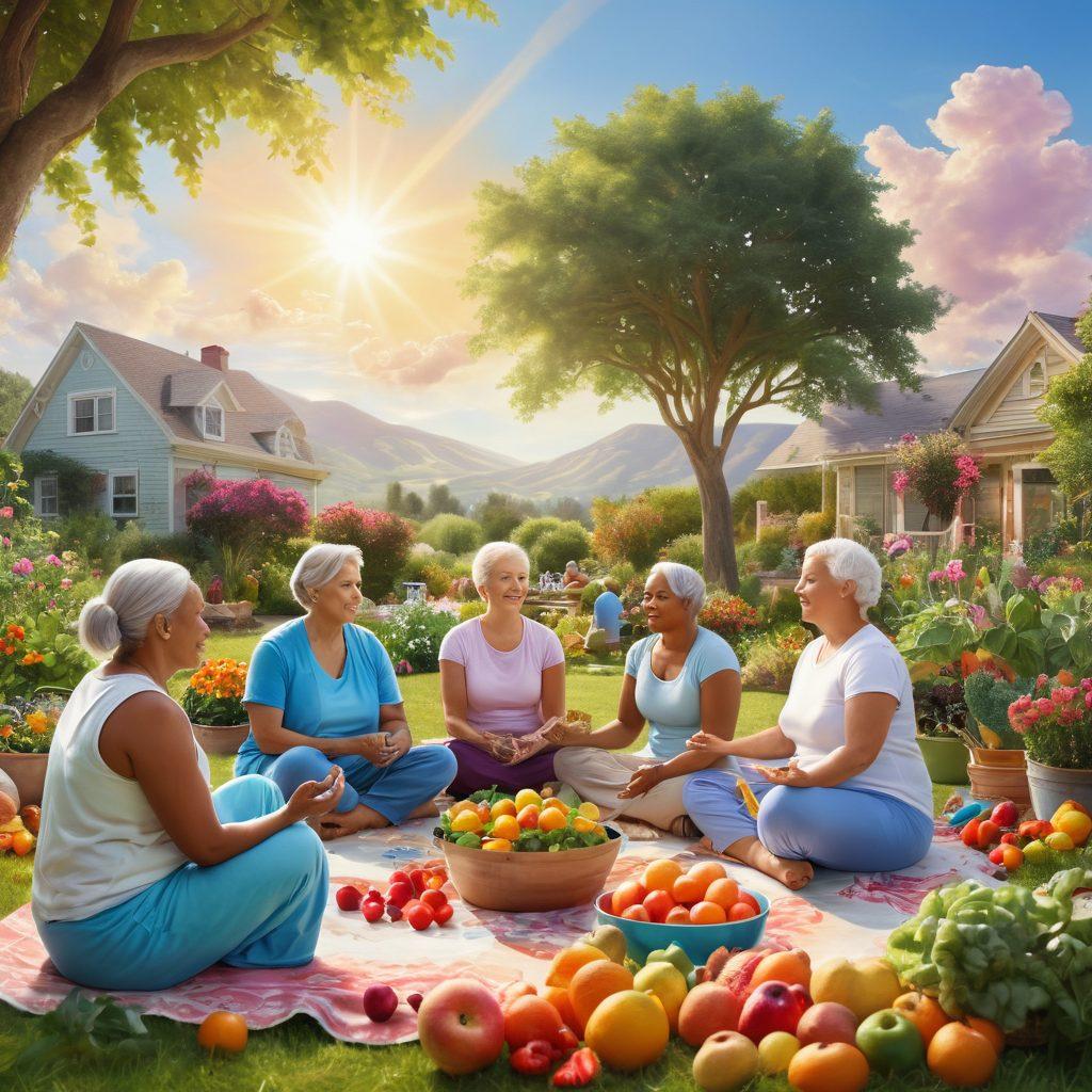 A serene and uplifting scene showing a diverse group of cancer survivors engaging in healthy activities like gardening, cooking, and meditation under a bright sky. Surround them with vibrant fruits, vegetables, and holistic health symbols like herbs and crystals. The background should feature a peaceful nature landscape symbolizing hope and renewal. soft-focused pastel colors. super-realistic.